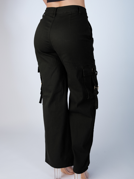 Black Wide Leg Cargo Pants with Deep Side Pockets & Strap Closure