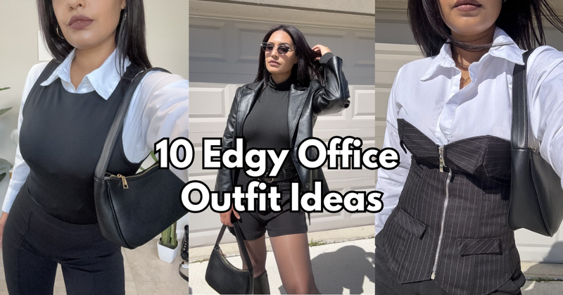 Woman modeling 10 edgy and chic office outfit ideas for women, featuring modern black workwear, leather blazer, corset tops, and trendy business casual styles.