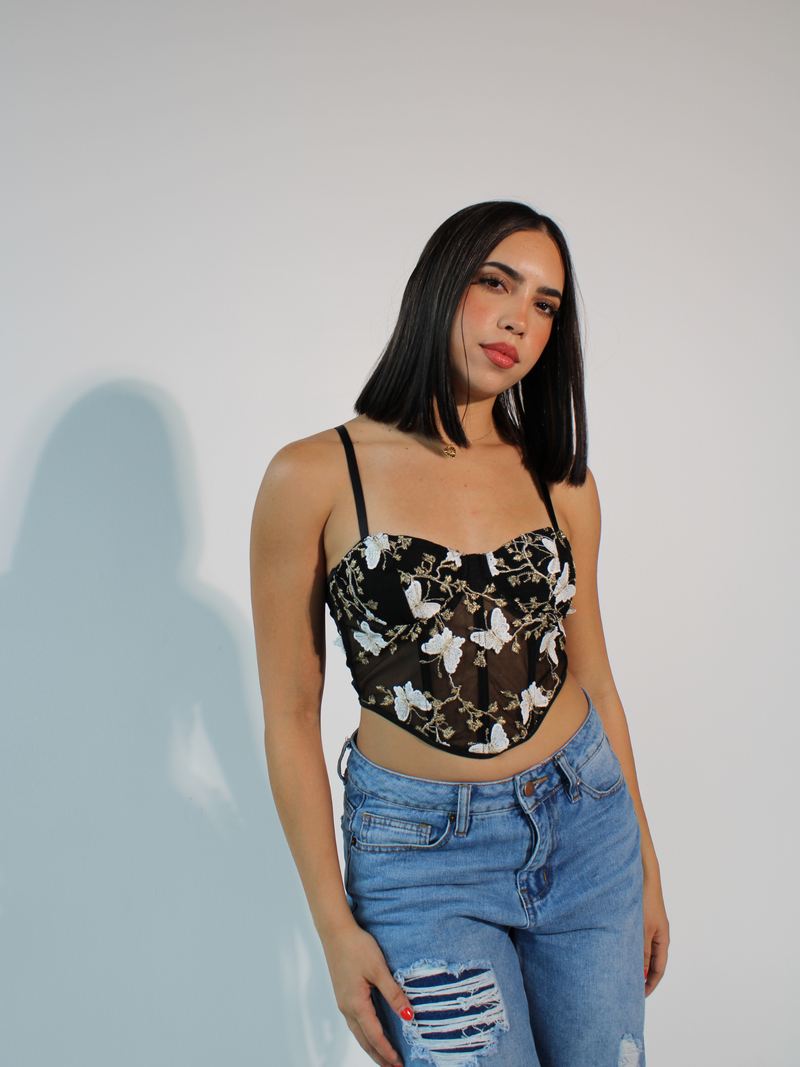 Butterfly Embroidery Lace Crop Top