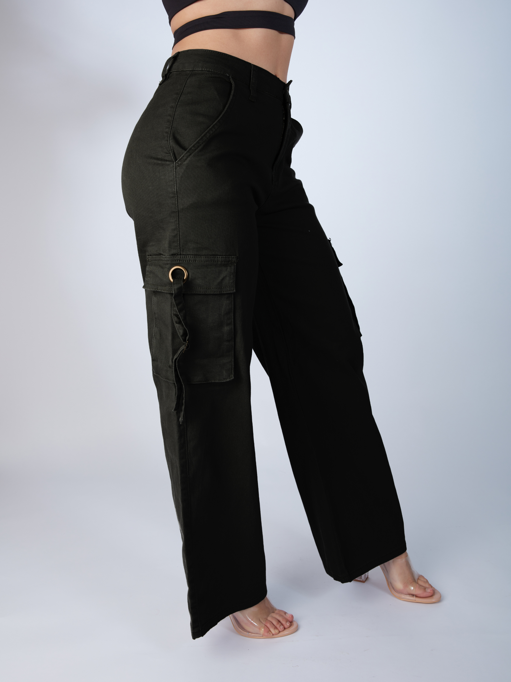 Black Wide Leg Cargo Pants with Deep Side Pockets & Strap Closure Black Wide Leg Cargo Pants with Deep Side Pockets & Strap Closure