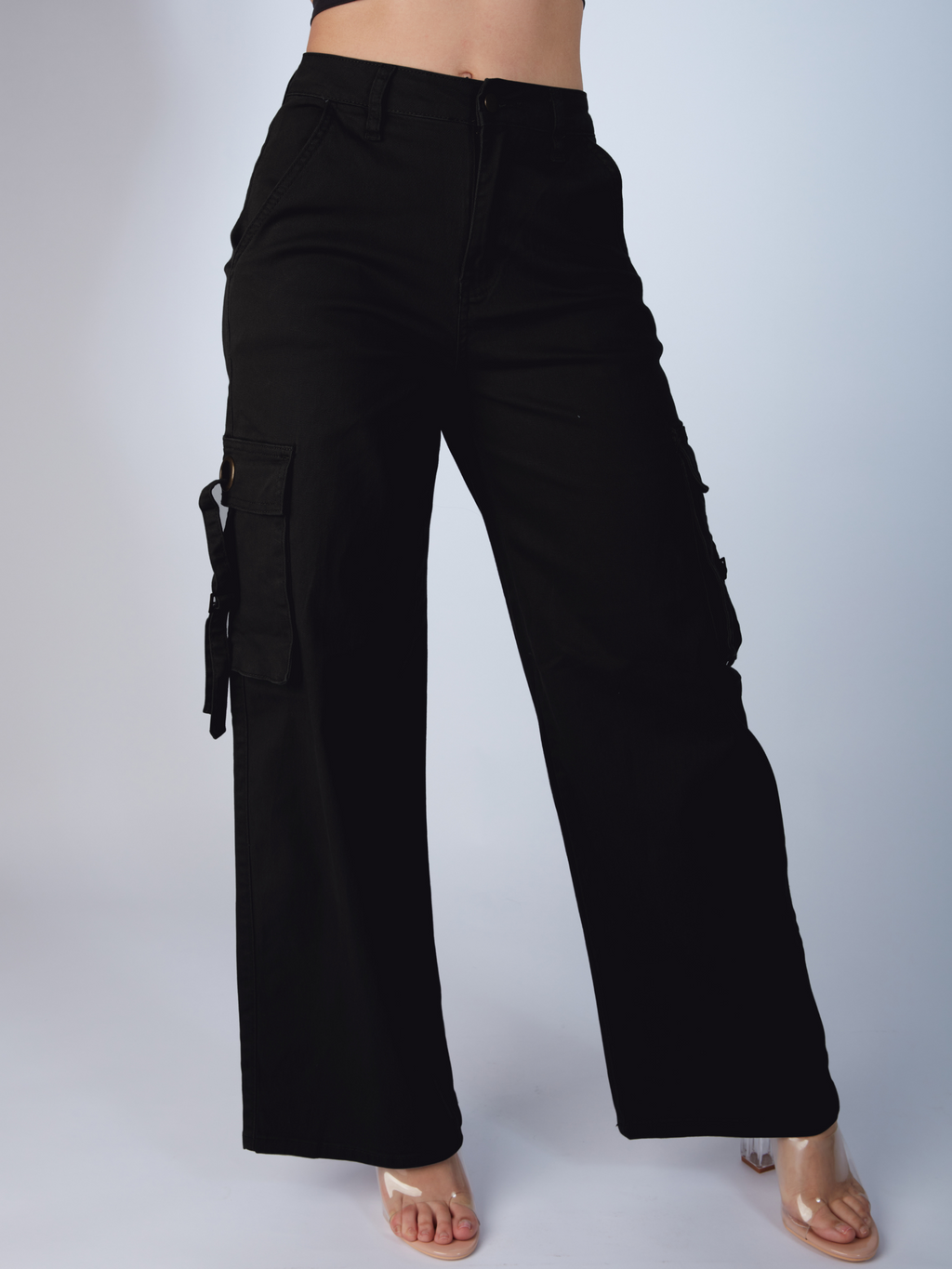 Black Wide Leg Cargo Pants with Deep Side Pockets & Strap Closure Black Wide Leg Cargo Pants with Deep Side Pockets & Strap Closure