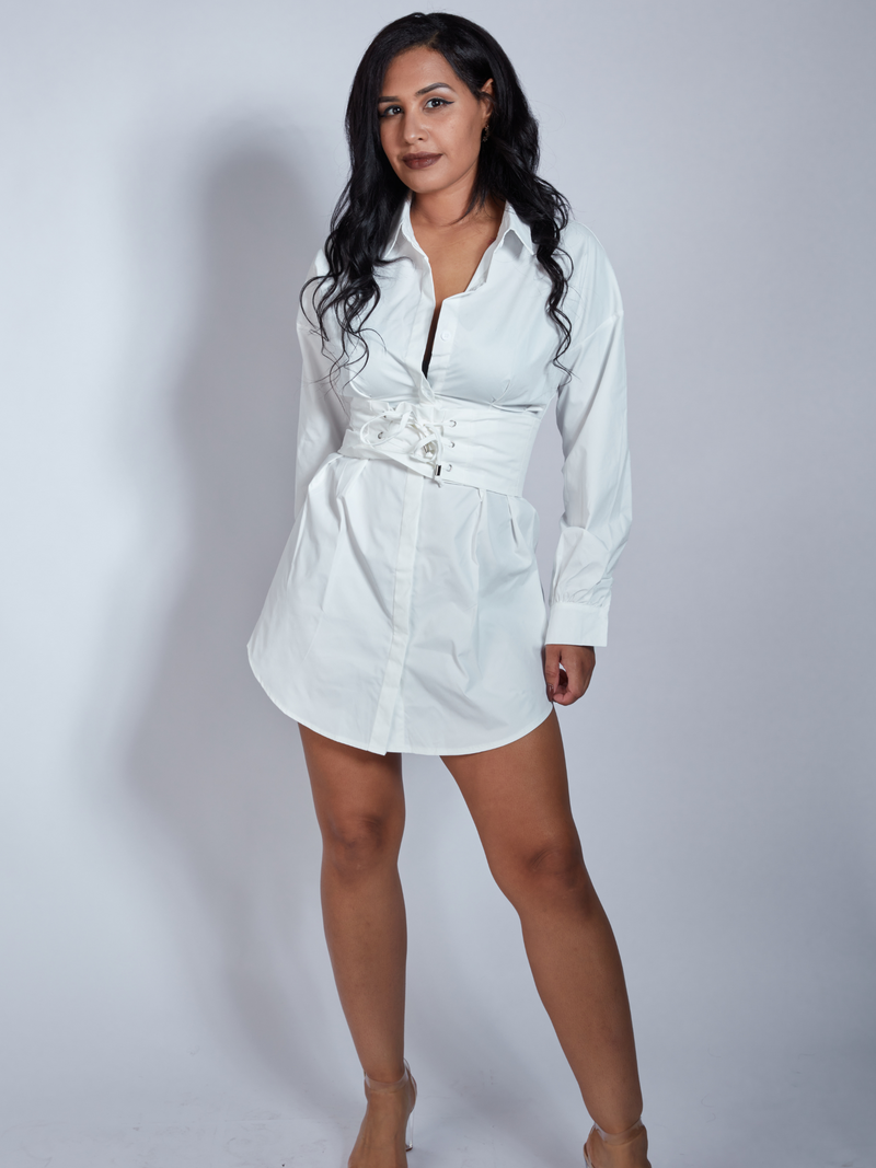 white puffed long sleeve collar button up shirt dress with white waistband, waistband corset for womens, zade fashion, justfab clear heels