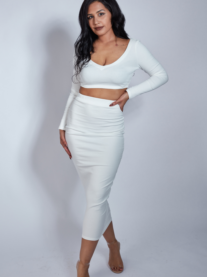 Two Piece Set Long Sleeve V Collar Top High Waist Skirt in