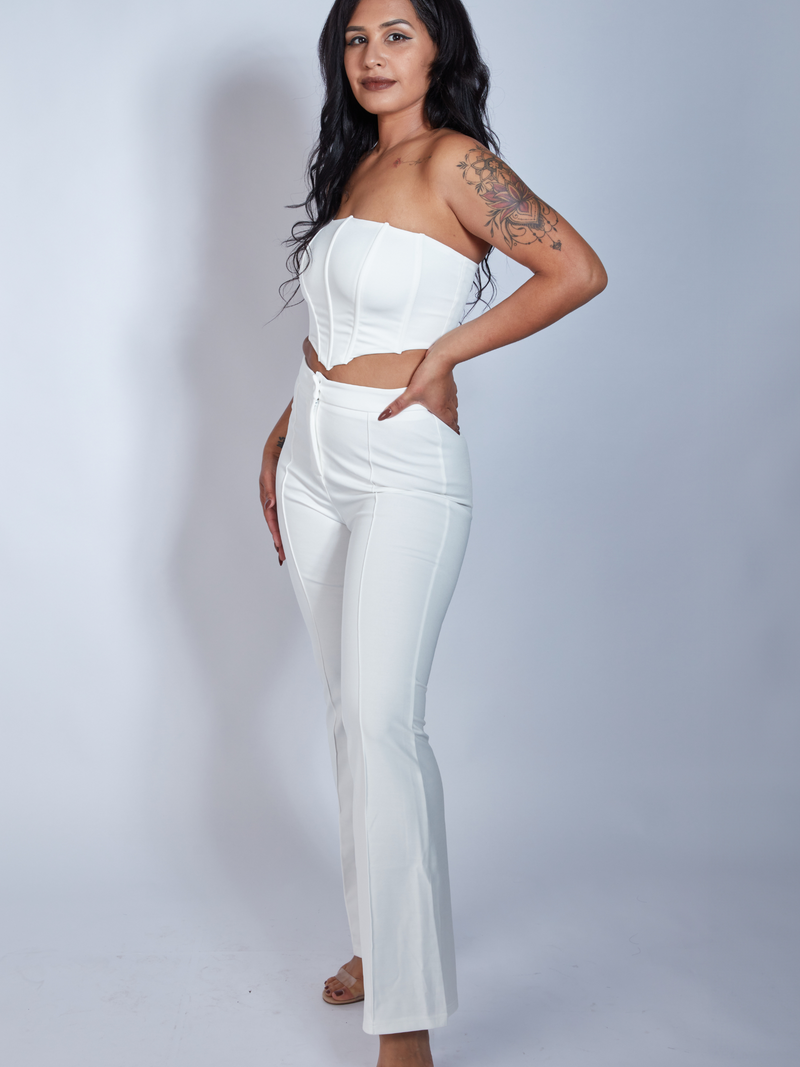 WOMEN'S two piece pants set with top, corset crop top set with high rise flare pants, white pants for womens, zade fashion, beautiful latina brown skin olvie skin women with lotus flower tattoos and a long dark black hair, wavy hairstyles for brown skin women, zade fashion