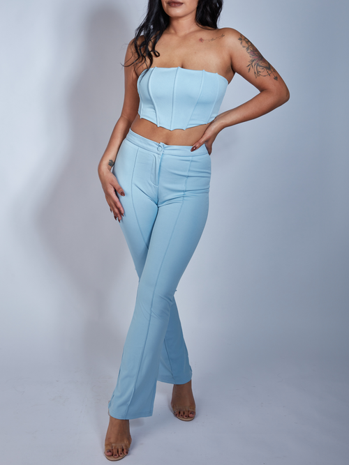women's two piece set with crop top and pants, corset sleeveless crop top with high rise flare pants, elegant outfits, chic and luxury outfit sets, zade fashion
