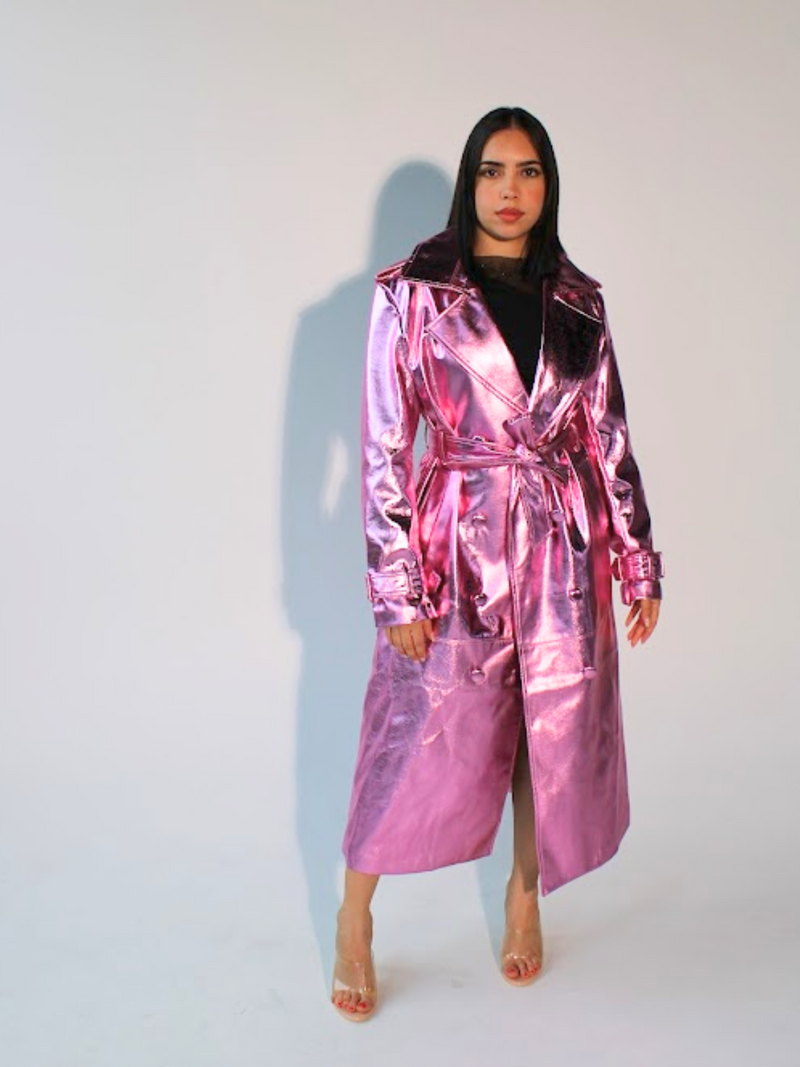 Luminously Bright Vegan Leather Trench Coat Pink Metallic