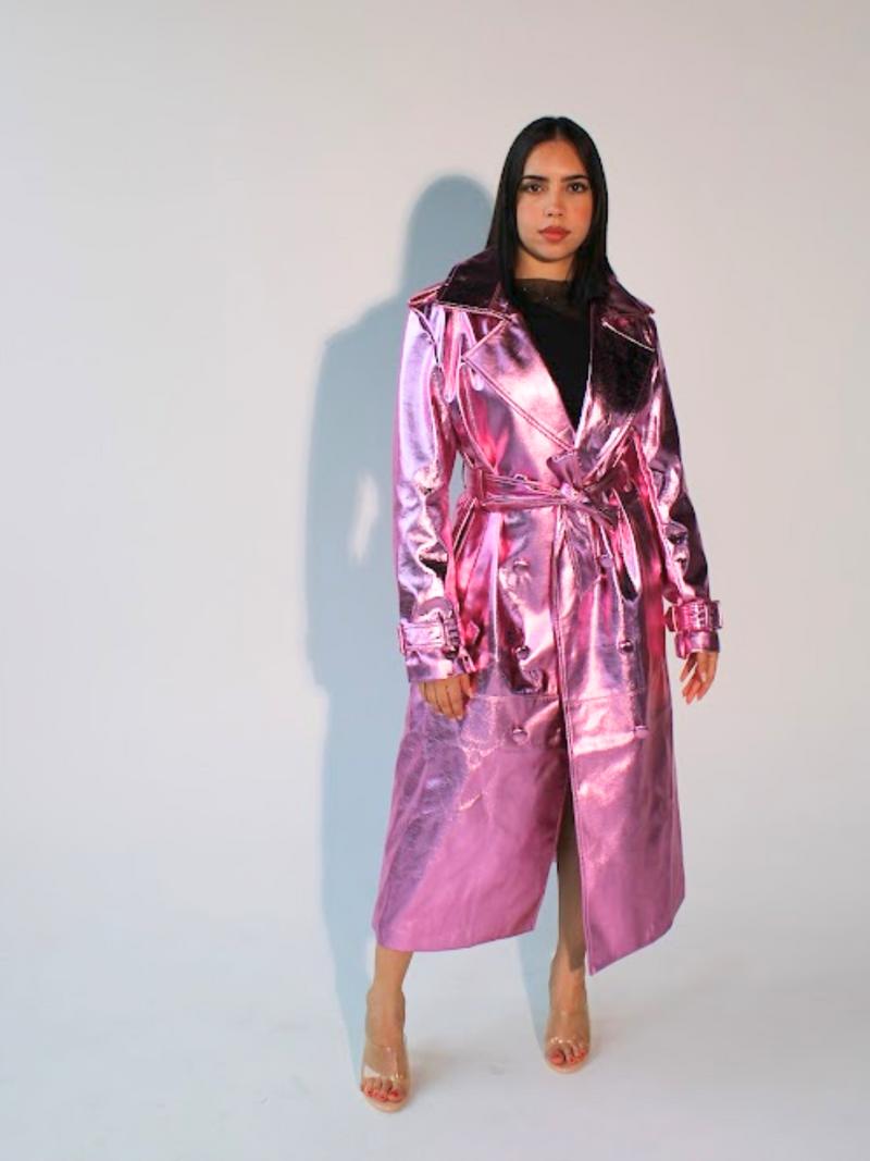 Pink Metallic Vegan Leather Trench Coat | Luminously Bright by Pink Metallic Vegan Leather Trench Coat | Luminously Bright by