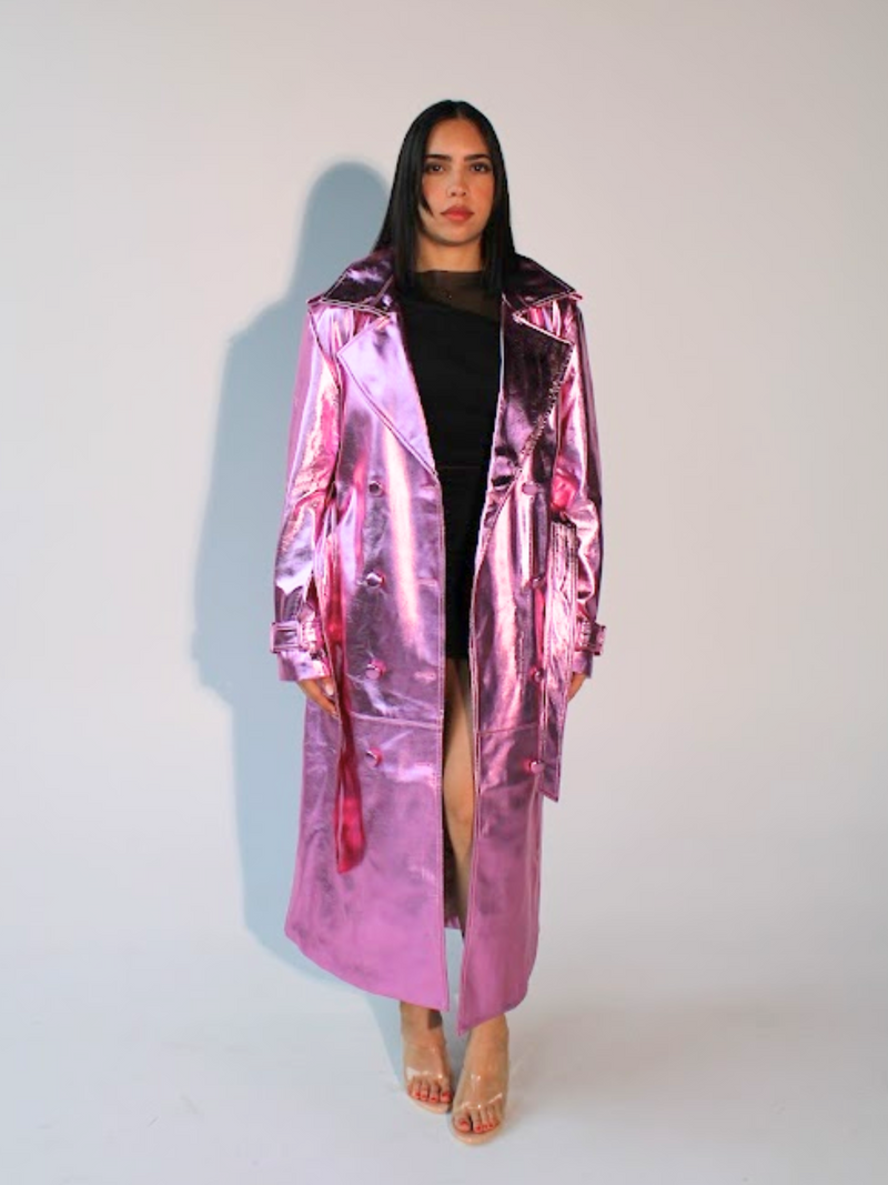 Pink Metallic Vegan Leather Trench Coat Luminously Bright by