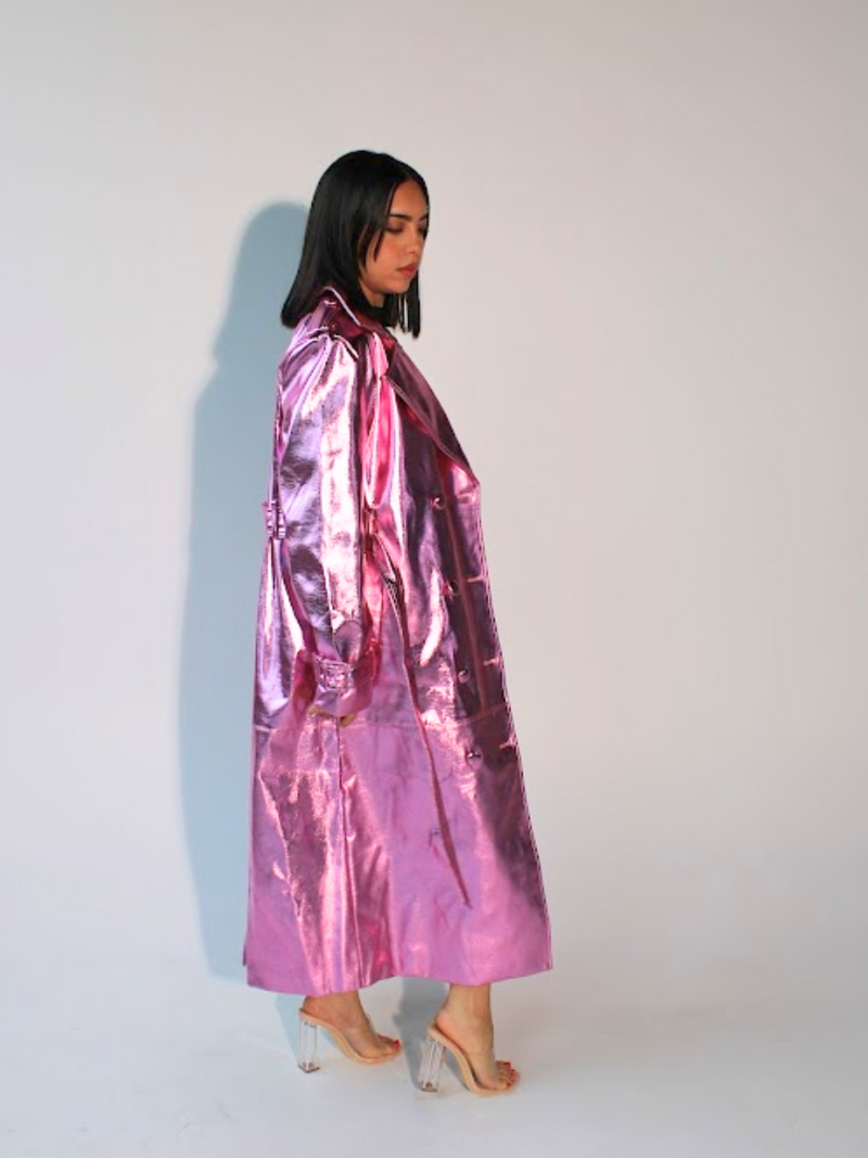 Luminously Bright Vegan Leather Trench Coat Pink Metallic