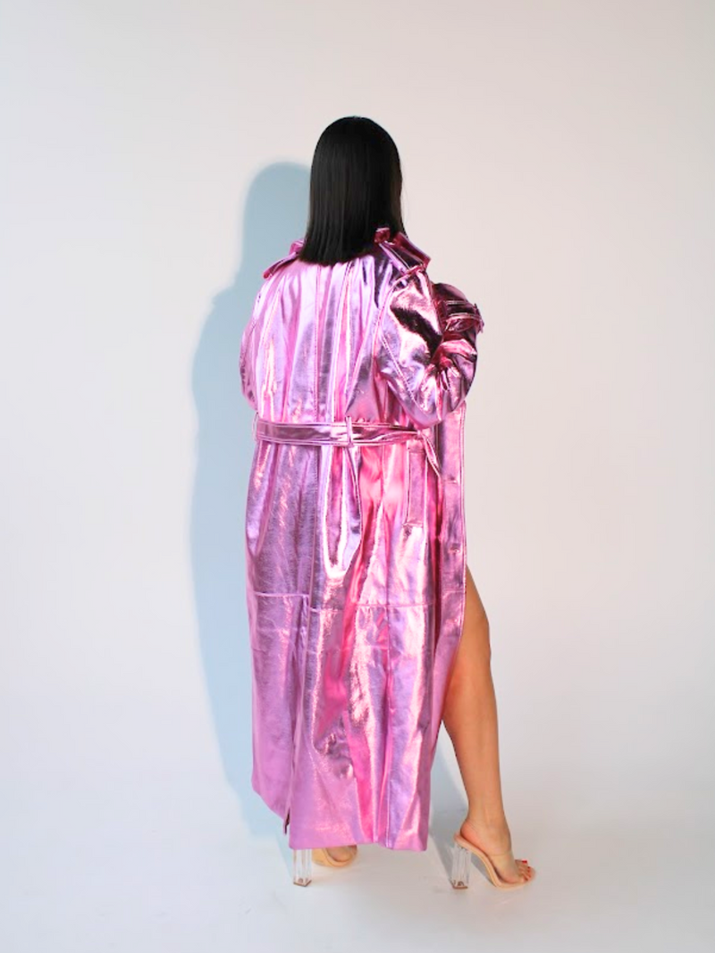 Luminously Bright Vegan Leather Trench Coat Pink Metallic