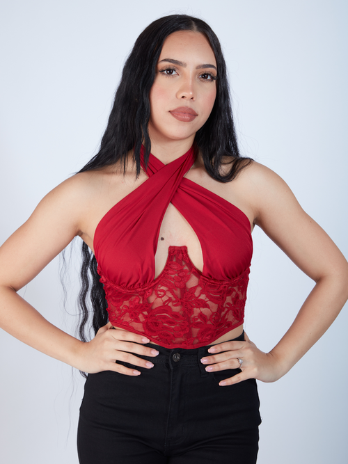 Red Mesh Lace Corset Crop Top with Satin Neck Wrap. Long black wavy hair, beach hairstyles, light brown lipstick, fair skin lipstick colors