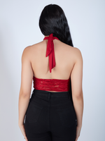 Red Mesh Lace Corset Crop Top with Satin Neck Wrap. Long black wavy hair, beach hairstyles, light brown lipstick, fair skin lipstick colors
