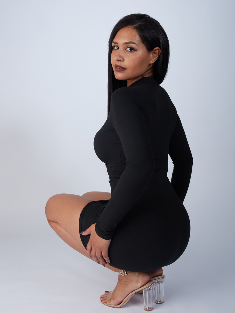 Black Long Sleeve Mock Neck Mini Dress with Side Drawstring l ZADE FASHION Black Long Sleeve Mock Neck Mini Dress with Side Drawstring l ZADE FASHION
