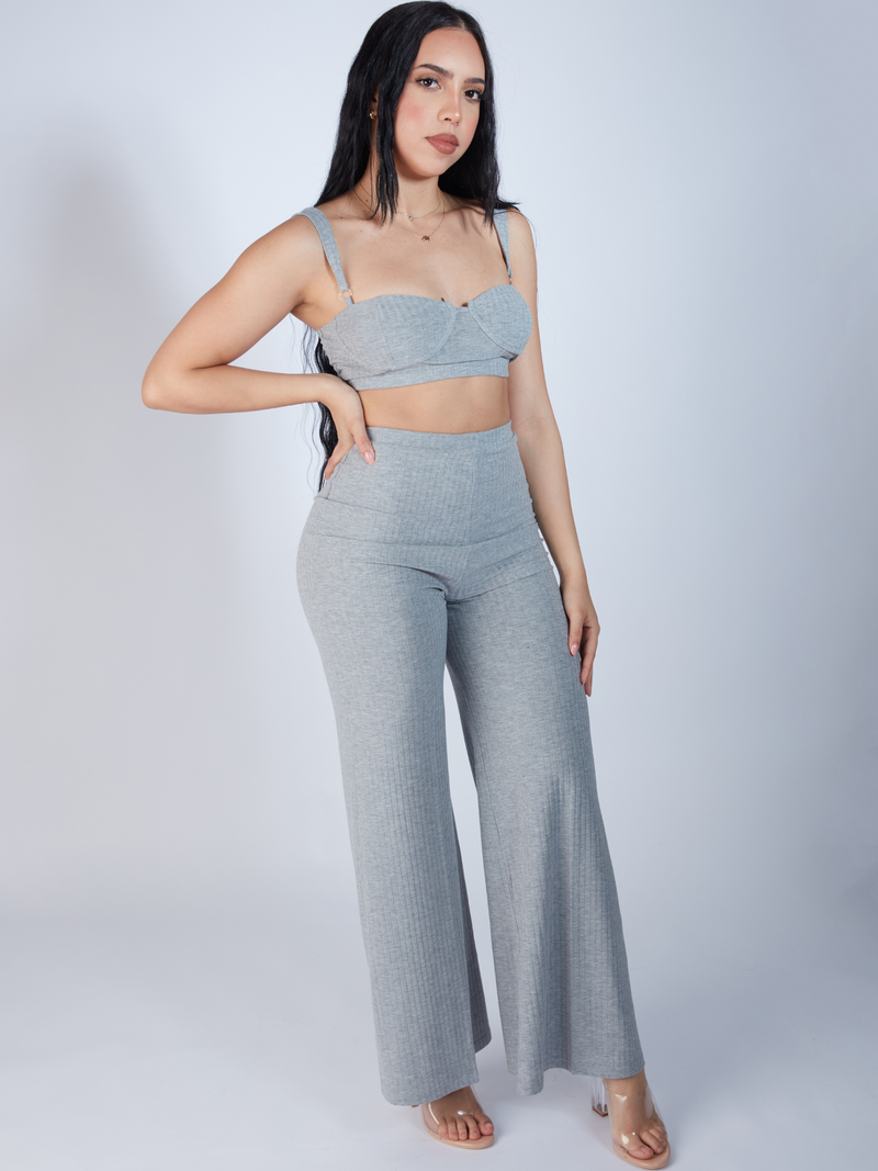 Grey, Gray, Two Piece Women's Pants Set, High Waist Flare Pants for Women's that has a Rib Knit Material and Fabric. Crop Top is adjustable for a more fitted look