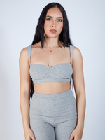 Grey, Gray, Two Piece Women's Pants Set, High Waist Flare Pants for Women's that has a Rib Knit Material and Fabric. Crop Top is adjustable for a more fitted look, zade fashion