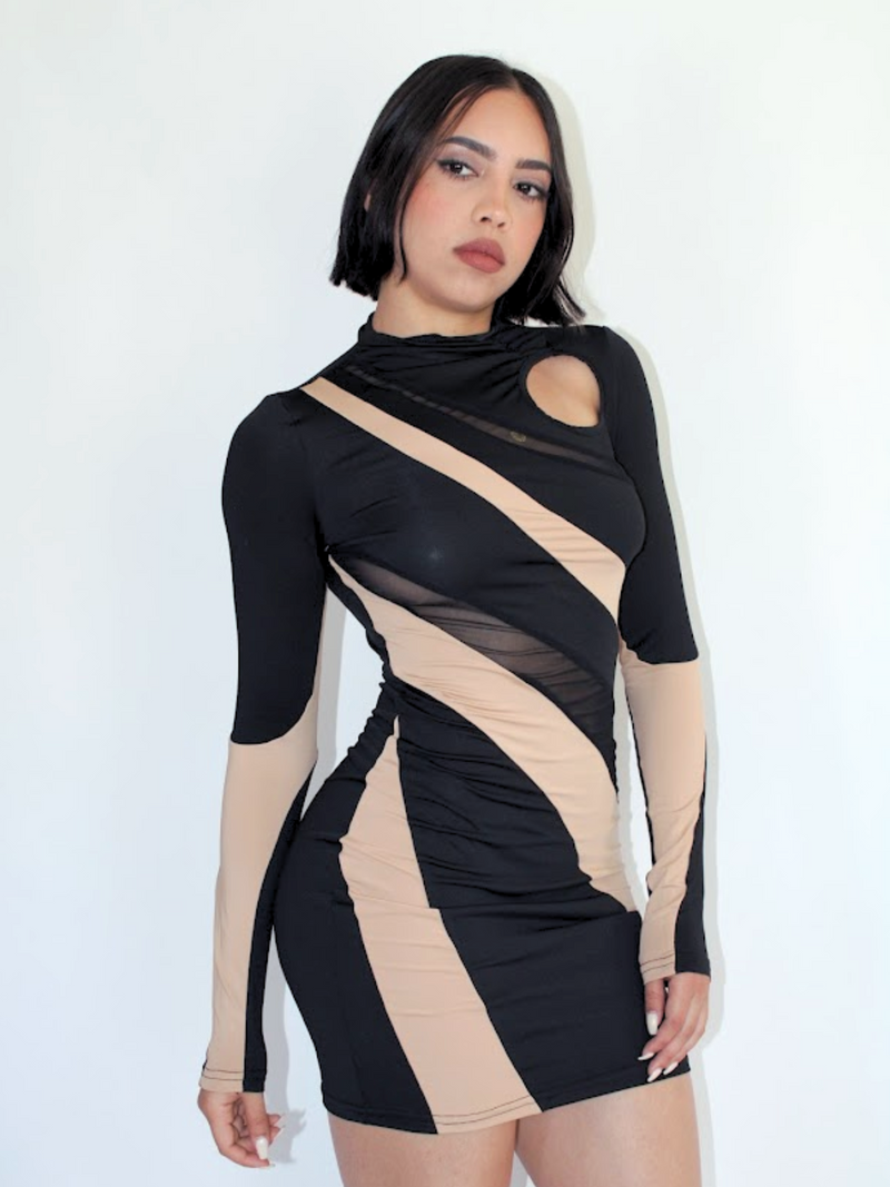 Black and Tan Mini Dress: Long Sleeve Hollow Out Mesh Design l ZADE FASHION M Black and Tan Mini Dress: Long Sleeve Hollow Out Mesh Design l ZADE FASHION M