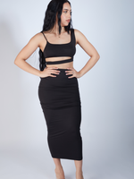 Sexy two piece skirt set that comes with a cut out sexy style crop top with a long black high waist or high rise skirt, crop top and skirt set is doubled layered, sexy clear high heels shoes, zade fashion