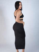 Sexy two piece skirt set that comes with a cut out sexy style crop top with a long black high waist or high rise skirt, crop top and skirt set is doubled layered, sexy clear high heels shoes, zade fashionv