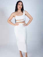 Sexy two piece skirt set that comes with a cut out sexy style crop top with a long white high waist or high rise skirt, crop top and skirt set is doubled layered, sexy clear high heels shoes, zade fashion