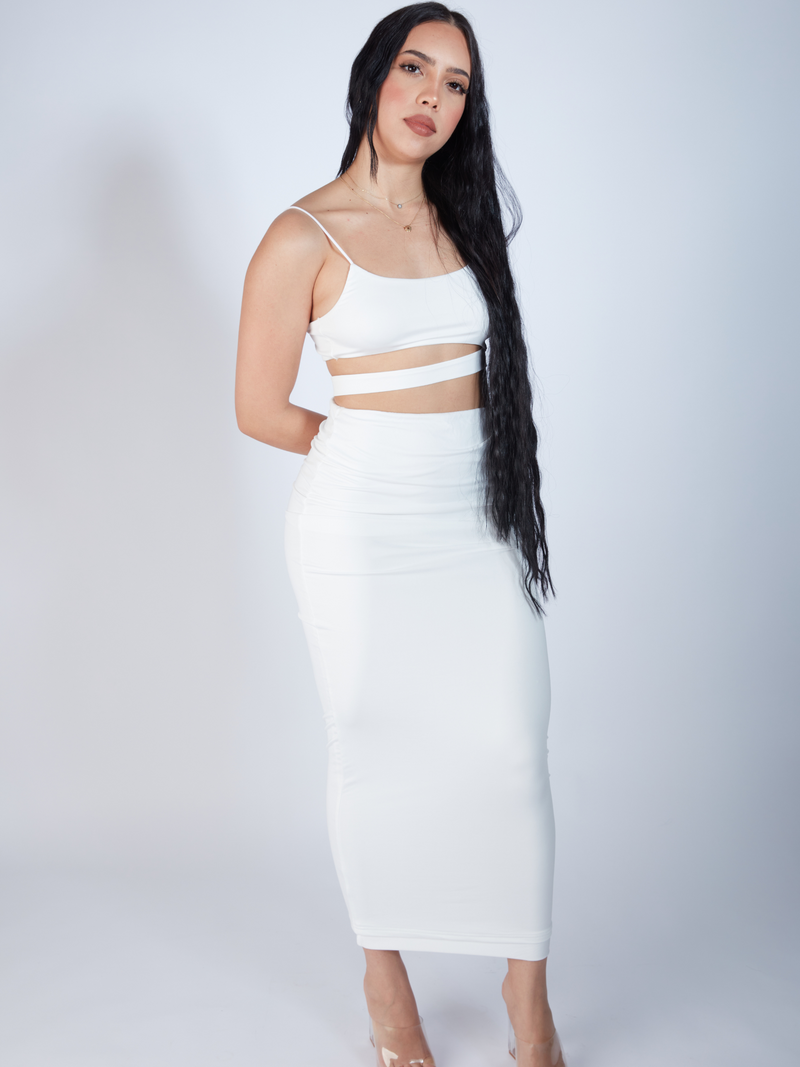 Two-Piece Women's Set: White Cut-Out Crop Top & High Rise Long Skirt l ZADE FASHION