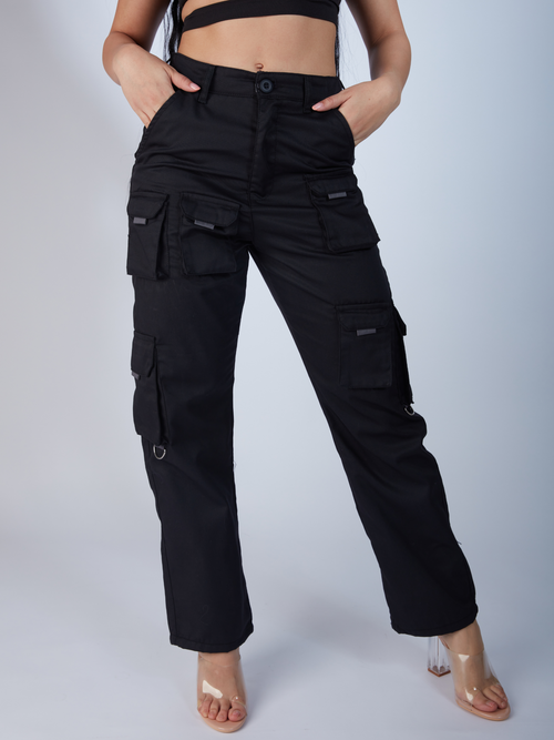 streetwear style, black cargo pants for women, cargo pants with pockets, straight leg cargo pants, clear high heel shoes