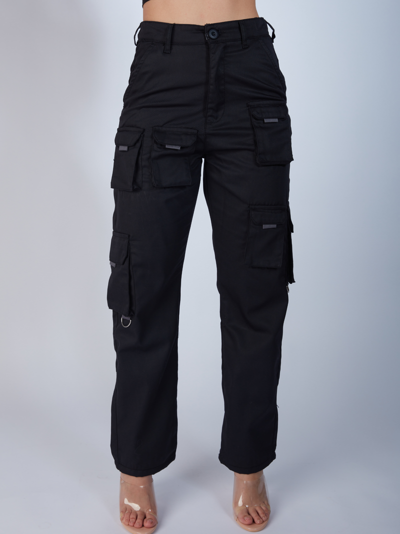 black cargo pants for women, cargo pants with pockets, straight leg cargo pants, clear high heel shoes