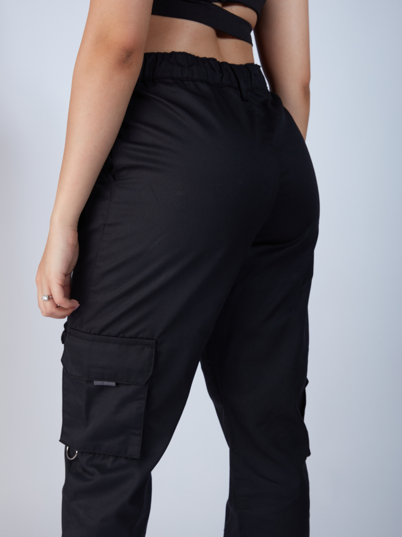 black cargo pants for women, cargo pants with pockets, straight leg cargo pants, clear high heel shoes, zade fashion