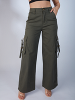 Wide Leg Cargo Pants with Button Up Closure. Deep Side Pockets with Strap Closure, Olive Green Army Green Cargo pants for Women, Zade Fashion