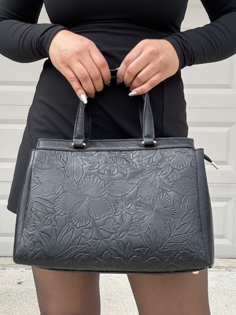 Floral Embossed Satchel Handbag – Black