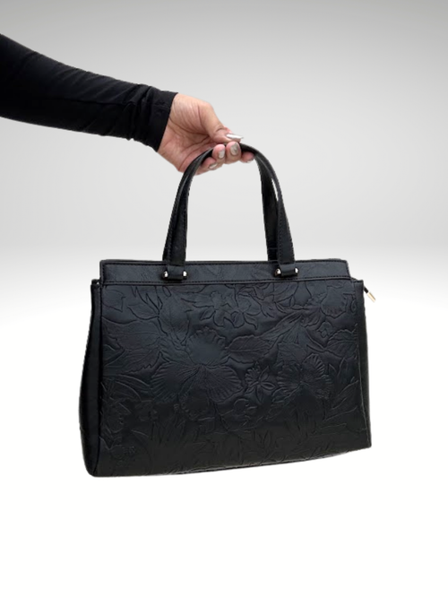 Floral Embossed Satchel Handbag – Black