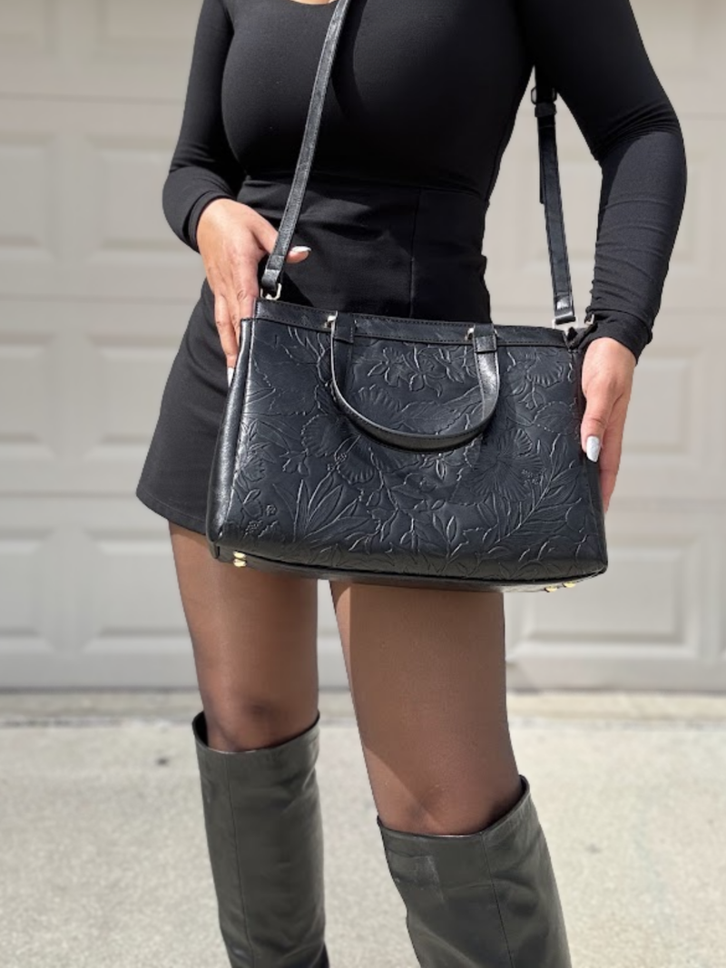 Floral Embossed Satchel Handbag – Black