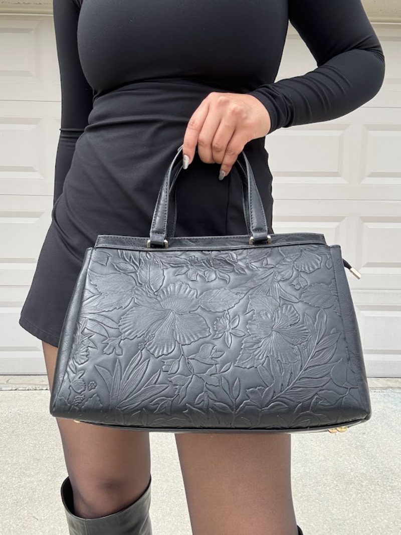 Floral Embossed Satchel Handbag – Black