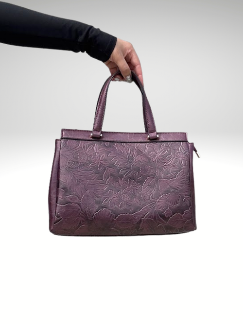 Floral Embossed Satchel Handbag – Burgundy