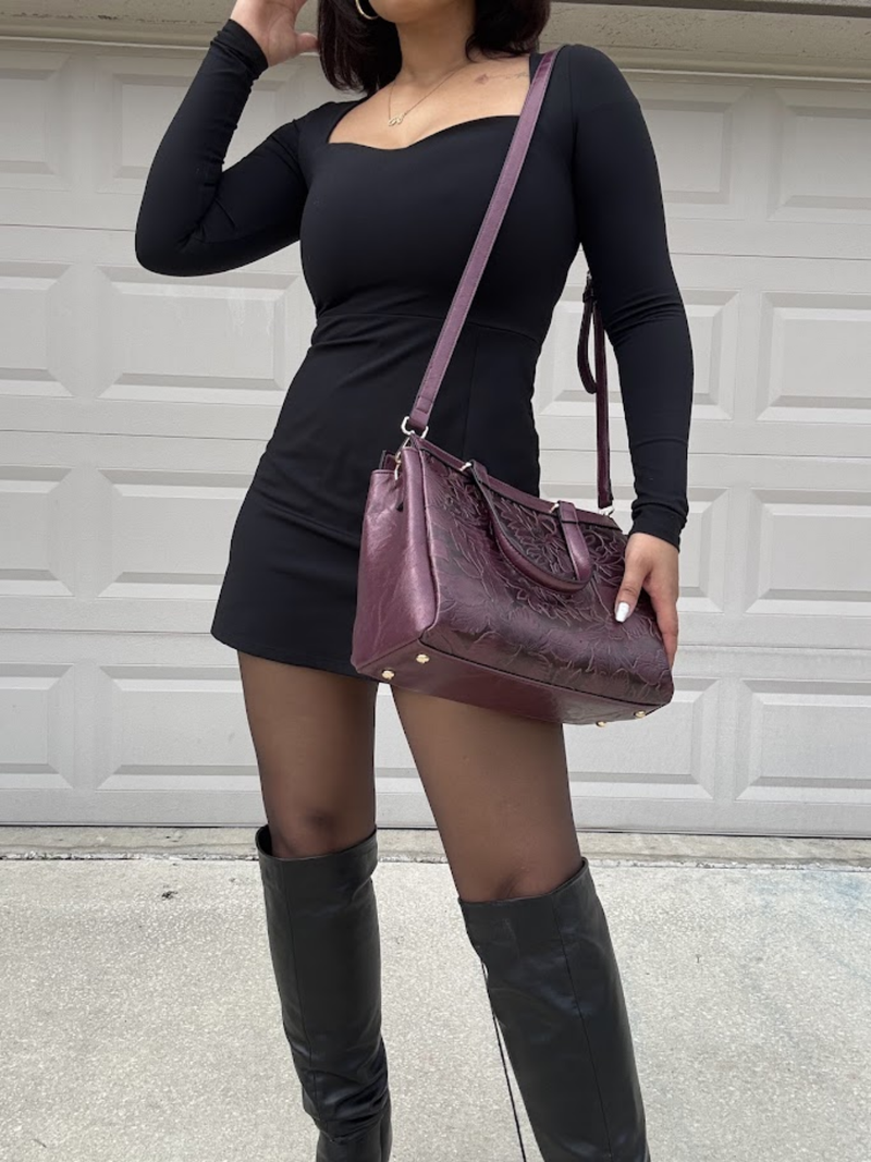 Floral Embossed Satchel Handbag – Burgundy