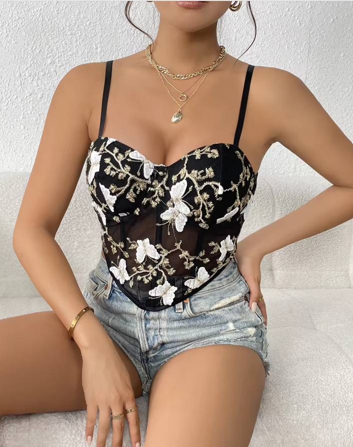 Butterfly Embroidery Lace Crop Top