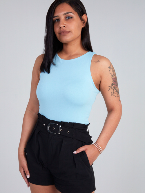 Zade Fashion aquamarine high mock neck bodysuit with sleeveless design and form-fitting silhouette. Soft viscose blend with snap closure bottom.
