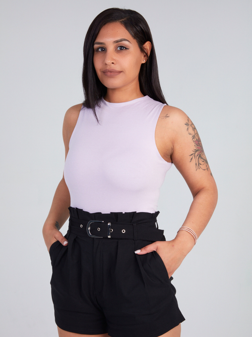 Zade Fashion sleeveless lavender bodysuit with high neckline and snap closure. Lightweight, stretchy design perfect for everyday wear.