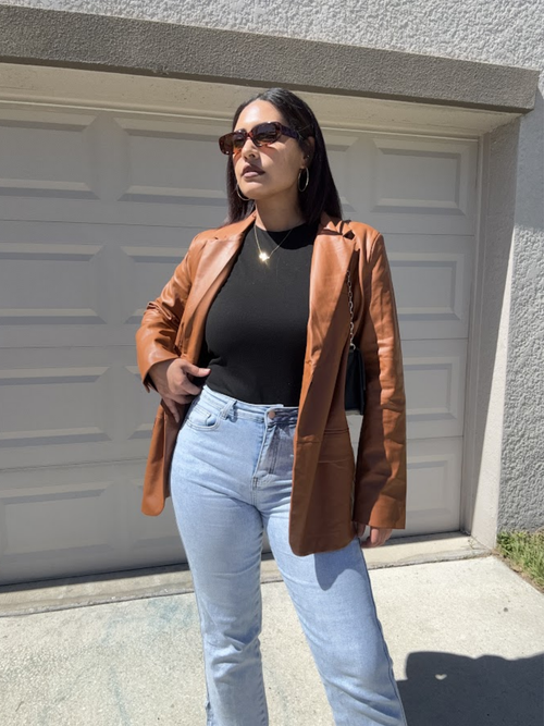 Just Enough Cognac Faux Leather Blazer