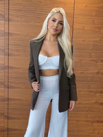 ZADEFASHION white ribbed coordinate set styled with brown tailored blazer, complete outfit look for versatile styling