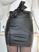 Black leather skirt, women's leather skirt, leather skirt with slit, leather skirt with zipper, black leather skirt with belt, double zipper leather skirt