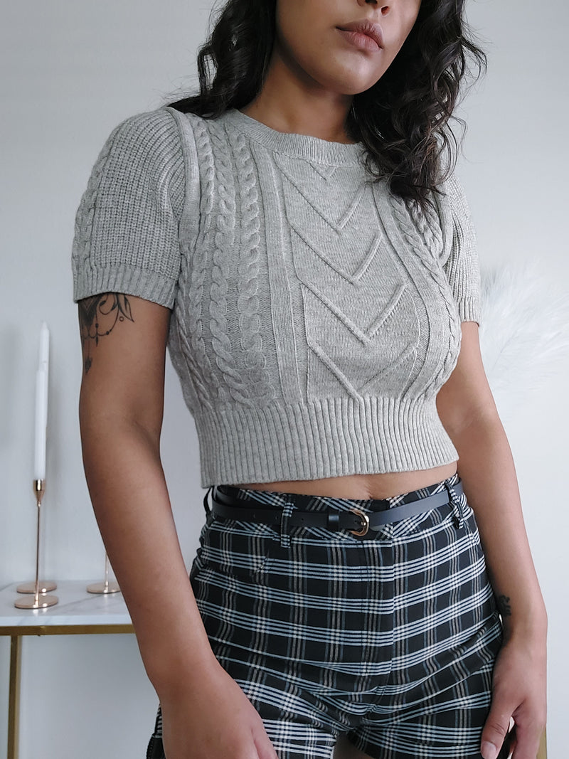 Light grey Mandy Cable Knit Crop Top with chevron pattern and short sleeves, perfect for casual spring outfits
